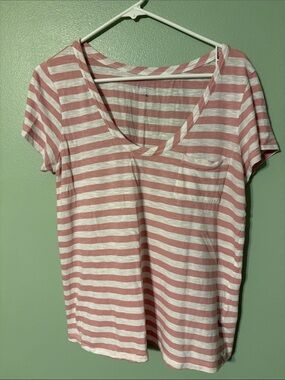 Caslon Pink and White Striped V-Neck Pocket Tee